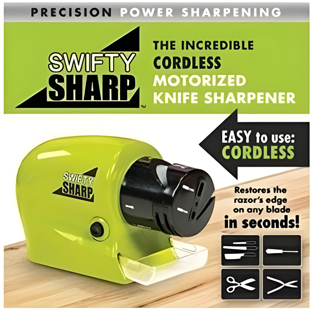Swifty Sharp – Cordless Motorized Knife Sharpener with Guide Slots & Catch Tray | For Knives, Scissors & Household Tools